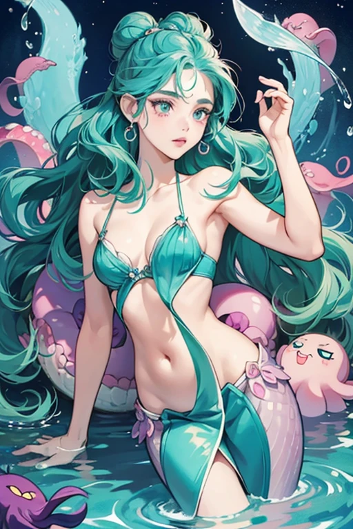 Cala Maria has a physical appearance reminiscent of a typical humanoid female character. She is a giant, tall, slender mermaid with fairly wide hips and a small waist. She has pale skin, a small button-nose, and two scar-like markings on the bicep of her left arm (though how or why she got them is unknown, but it could be a reminiscent of eel bite marks).
On her head, she has a dead, purple octopus with pale lavender eyelids over X-crossed eyes, with a lighter purple coloring and pale pink suckers under the tentacles. The octopus clearly acts as her hair since the three tentacles in front of Cala's face are flipped back over her head, resembling curly hair-bangs in a pompadour, while the octopus's head vaguely resembles a hair bun. Although it appears to be dead, the octopus's eyes clearly open during Cala's "summoning" animation, revealing simple, black pupils.
Cala has big, pale turquoise eyes with sea-green eyelids and three short, black, triangular eye-lashes each. She also has thin, black eyebrows and rose-pink lips.
As a sign of her mermaid status, Cala wears a sky-blue seashell bra with no shoulder straps, and her lower body is a sea-green, fish-like tail with round scales, connected with a water-ripple-like pattern below the waist line. Although we do not see her full tail in the game, various merchandise has shown that the fluke of her tail is shaped like two small waves split in two with three rounded tips on each side. SPARKLE; GLITTER