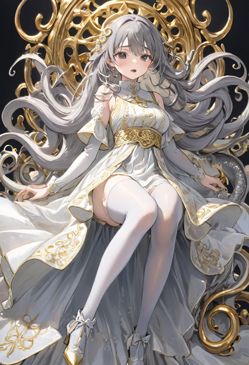 girl, Gold and silver embroidery, White-gray pearl medieval long dress(With panniers), Translucent fabric, Pull up the dress by hand, Strong winds, Translucent slip, Grey translucent tights, Peeking from below, Highest quality, Disorder of clothing, sit,Crotch close-up, whole body, Spread your legs,orgasm,blush, Sweat,White panties、Squat、Look at this、skirt、、Attacked by tentacles、Tentacles wrap around my legs、Tentacles in the crotch、Captured by tentacles、cry、shout、Ecstasy face、skirtの中の触手、Do not run away、Lying down、Torn clothes、skirtの下からスパッツが見えます、Spread your legs、Disheveled clothing、skirtをめくった、