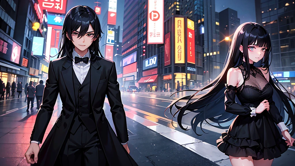 A boy and a girl, 1 woman (She has long black hair), Lovers，1 man (he has short black hair).wearing a formal dress， Anime style,Delicate facial features，Beautiful eyes，Expression smile，Delicate facial features，Pretty Face，daytime， Stand in the city at night， Neon，Backlight