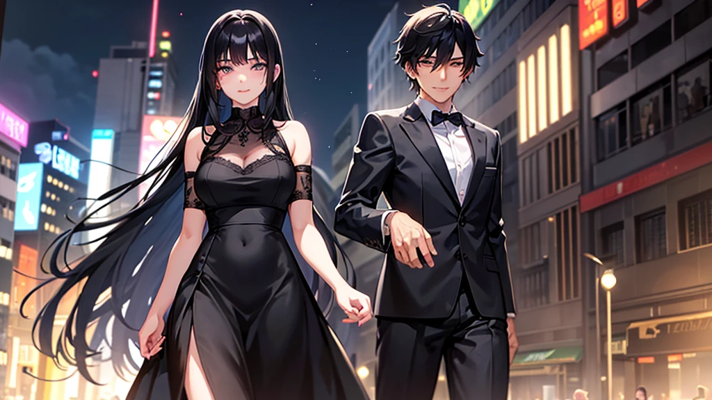 A boy and a girl, 1 woman (She has long black hair), Lovers,1 man (he has short black hair).wearing a formal dress, Anime style,Delicate facial features,Beautiful eyes,Expression smile,Delicate facial features,Pretty Face,daytime, Stand in the city at night, Neon,Backlight
