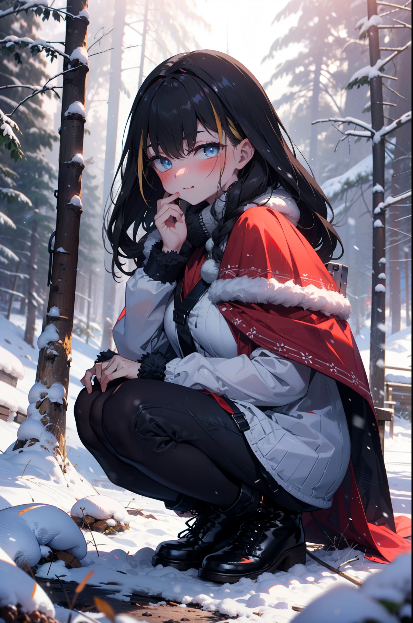 small, small, Black Hair, blue eyes, demon tail, hair band, Long Hair, mechanical tail, Multicolored Hair, tail, smile,blush,White Breath,Big Breasts,
Open your mouth,snow,Ground bonfire, Outdoor, boots, snowing, From the side, wood, suitcase, Cape, Blurred, having meal, forest, White handbag, nature,  Squat, Mouth closed, Cape, winter, Written boundary depth, Black shoes, red Cape break looking at viewer, Upper Body, whole body, break Outdoor, forest, nature, break (masterpiece:1.2), Highest quality, High resolution, unity 8k wallpaper, (shape:0.8), (beautiful detailed eyes:1.6), extremely detailed face, Perfect lighting, extremely detailed CG, (Perfect hands, Perfect Anatomy),