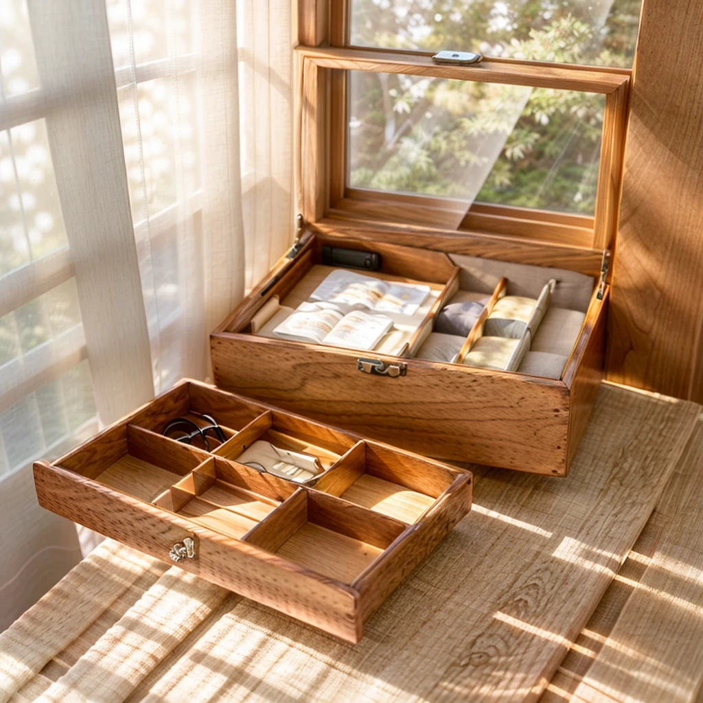 In this cozy room,A ray of sunlight shone on the table through the half-drawn curtains,Let the wood grain on the watch storage case shine with a faint sheen。There is a calm and serene atmosphere in the surrounding air。Several still lifes hang on the walls of the room,It adds a touch of elegance to the space。And on the other side of the room,A half-open window lets the breeze blow in,The pages on the small desk by the window flipped in the wind,This quiet scene gives a sense of tranquility and comfort。
