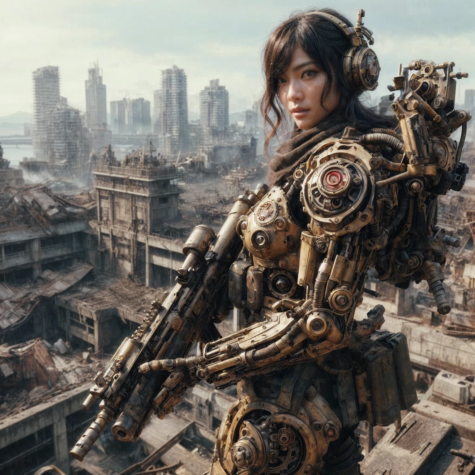 (masterpiece, best quality:1.2), (8k uhd, 16k, 32k, ultra high res), realistic photo, ultra sharp photo result, HDR10, superrealism, (The main subject: Wide-angle lens), (steampunk:1.2), beautiful japanese female, (super beautiful face), legs, Power mechanical suit), (super intricate all details), (super realistic all textures), metallic yellow color, hydraulic cylinder, Rust, scars from previous battles, (steam engine like),cinematic poses in motion, Rain, humidity, jungle