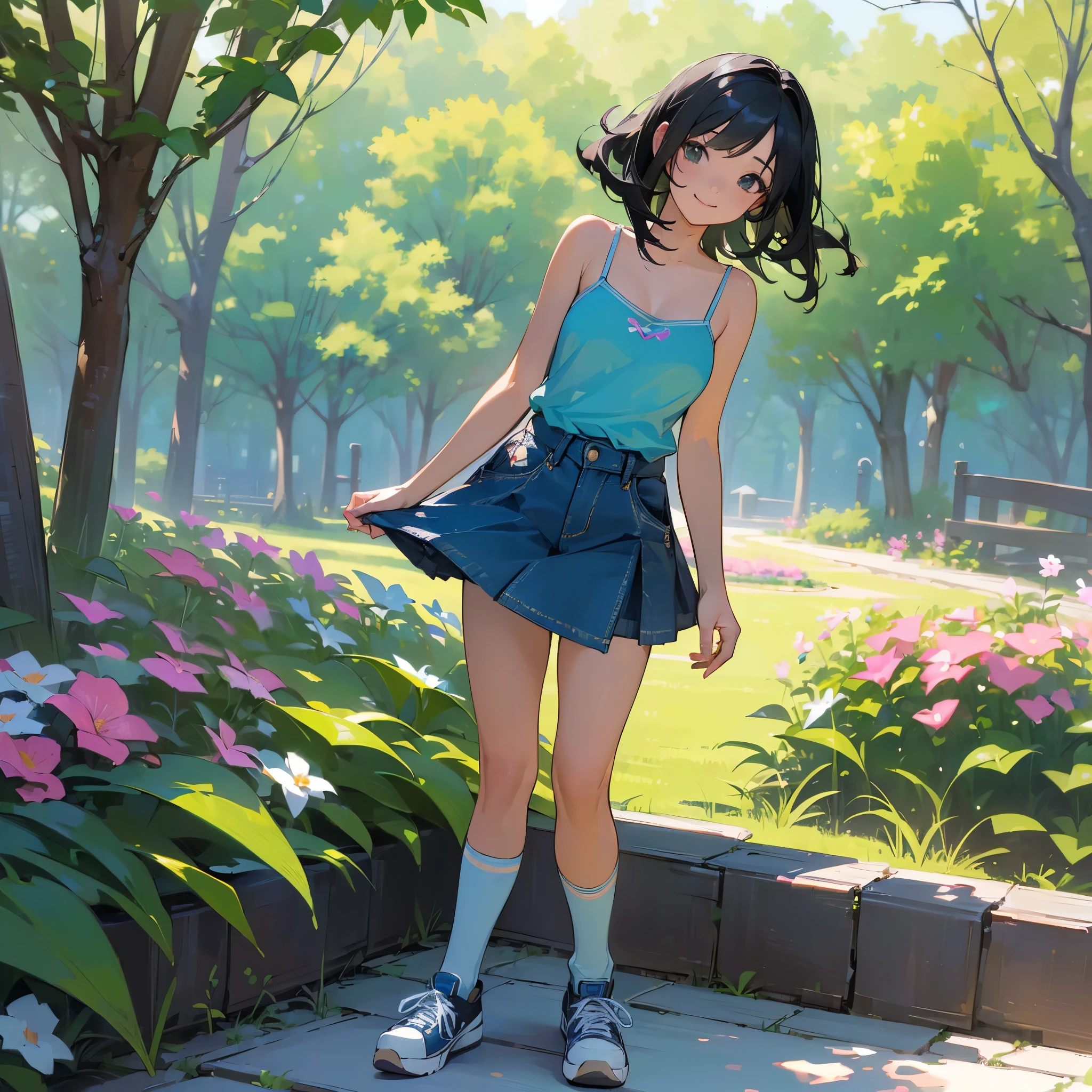 (high quality, High resolution, Very detailed, reality:1.37), Peaceful atmosphere, (Outdoor, garden), girl standing alone, (my breasts are big.), Beautiful details, Cute Smile, (Black bob hair), camisole, Denim skirt, Blue socks, sneakers.