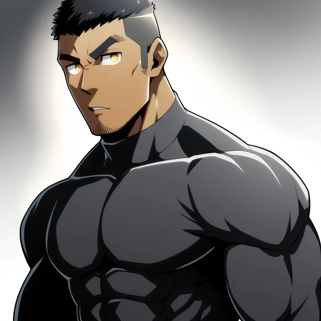 one negro, anime characters:Gyee, Hibino Kafka, One Muscle Sports Student, negro black skin, Very Black, muscular tough guy, Manliness, male focus, Grey long sleeve turtleneck tight t-shirt, Regular symmetrical pattern, Very tight, muscular male, muscular, only, Upper body, alone, Black short hair, Thick eyebrows, stubble, Yellow eyes, White background, simple background, amazing quality, best aesthetics, Ridiculous, bright pupils, crew cut, parted lips, v-shaped eyebrows, jitome, best quality