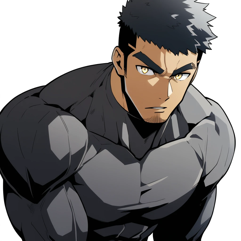 one negro, anime characters:Gyee, Hibino Kafka, One Muscle Sports Student, ????? black skin, Very Black, muscular tough guy, Manliness, male focus, Grey long sleeve turtleneck tight t-shirt, Regular symmetrical pattern, Very tight, muscular male, muscular, only, Upper body, alone, Black short hair, Thick eyebrows, stubble, Yellow eyes, White background, simple background, amazing quality, best aesthetics, Ridiculous, bright pupils, crew cut, parted lips, v-shaped eyebrows, jitome, best quality