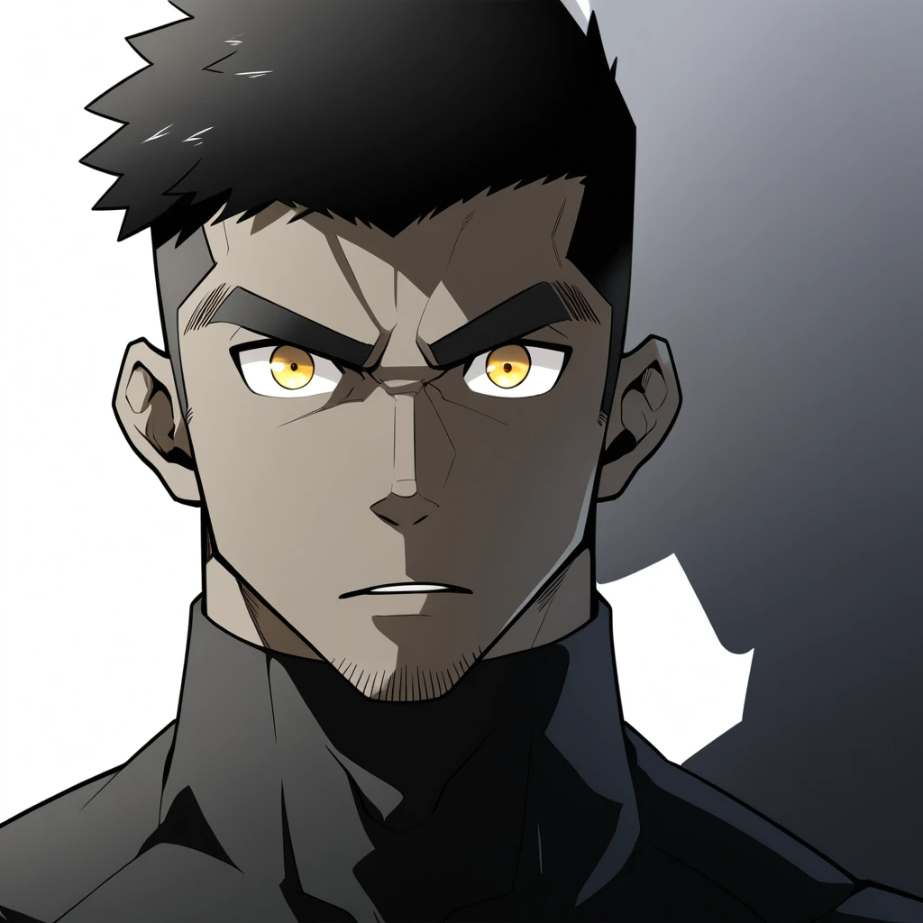 one negro, anime characters:Gyee, Hibino Kafka, One Muscle Sports Student, negro black skin, Very Black, muscular tough guy, Manliness, male focus, Grey long sleeve turtleneck tight t-shirt, Regular symmetrical pattern, Very tight, muscular male, muscular, only, Upper body, alone, Black short hair, Thick eyebrows, stubble, Yellow eyes, White background, simple background, amazing quality, best aesthetics, Ridiculous, bright pupils, crew cut, parted lips, v-shaped eyebrows, jitome, best quality