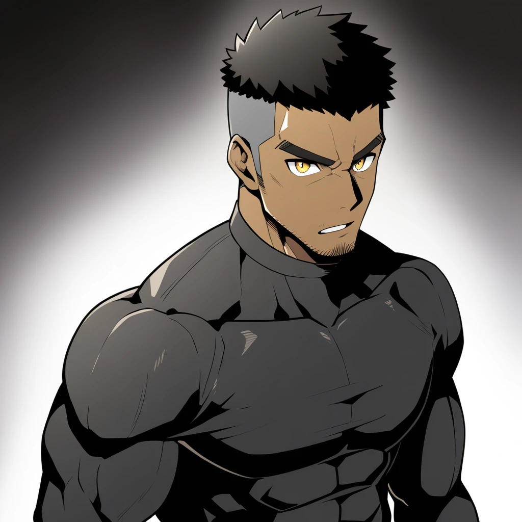 one negro, anime characters：Gyee, Hibino Kafka, One Muscle Sports Student, negro black skin, Very Black, muscular tough guy, Manliness, male focus, Grey long sleeve turtleneck tight t-shirt, Regular symmetrical pattern, Very tight, muscular male, muscular, only, Upper body, alone, Black short hair, Thick eyebrows, stubble, Yellow eyes, White background, simple background, amazing quality, best aesthetics, Ridiculous, bright pupils, crew cut, parted lips, v-shaped eyebrows, jitome, best quality