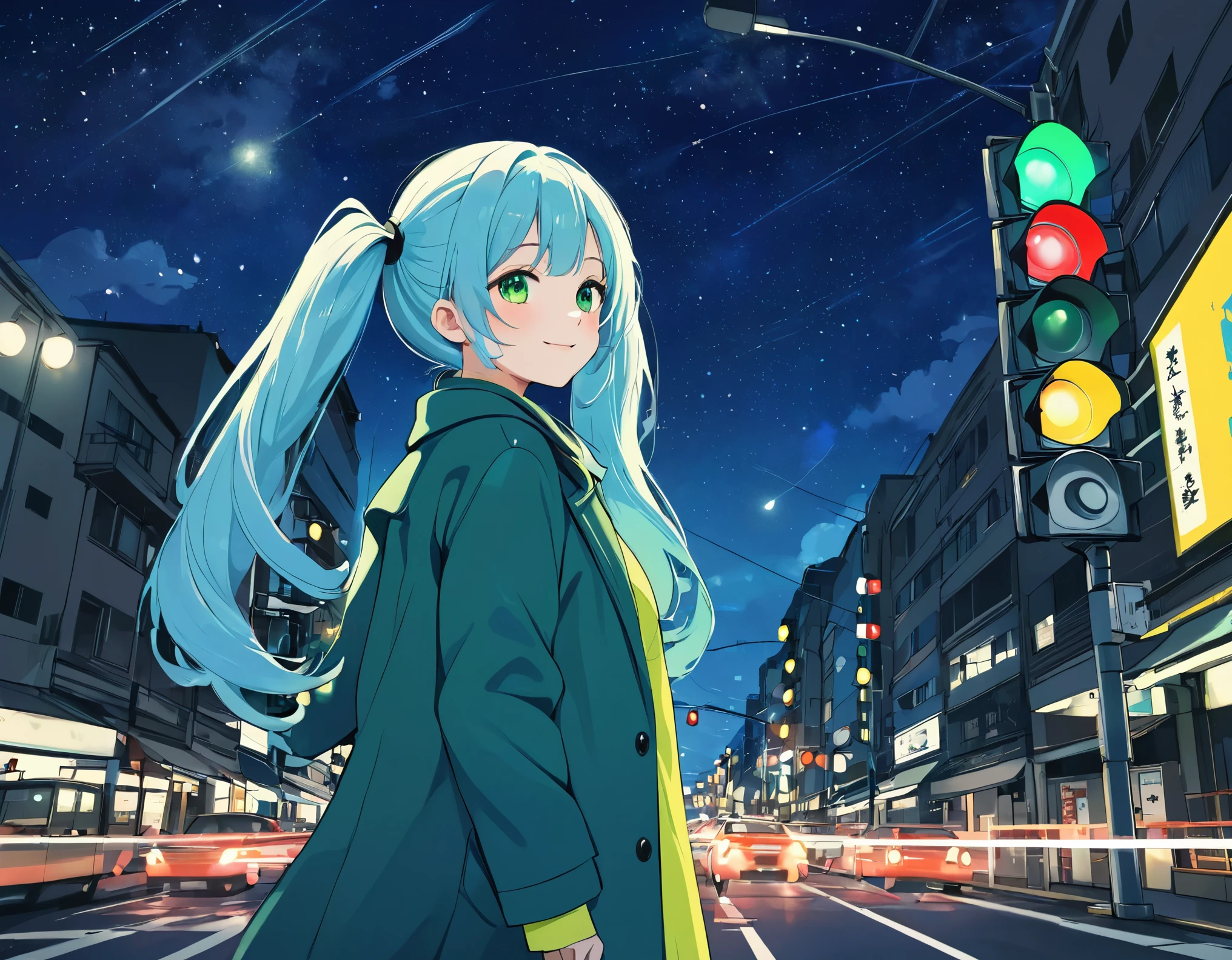 In the town、Traffic lights flashing blue against the night sky、Traffic lights floating in the sky、Light blue long hair、Beautiful girl with twin tails、Bright smile、Green long coat、The traffic light is flashing blue、 Moonlit Night、Starry Sky、Face Highlights、Lo-fi art style, Nostalgic and melancholic artwork, 