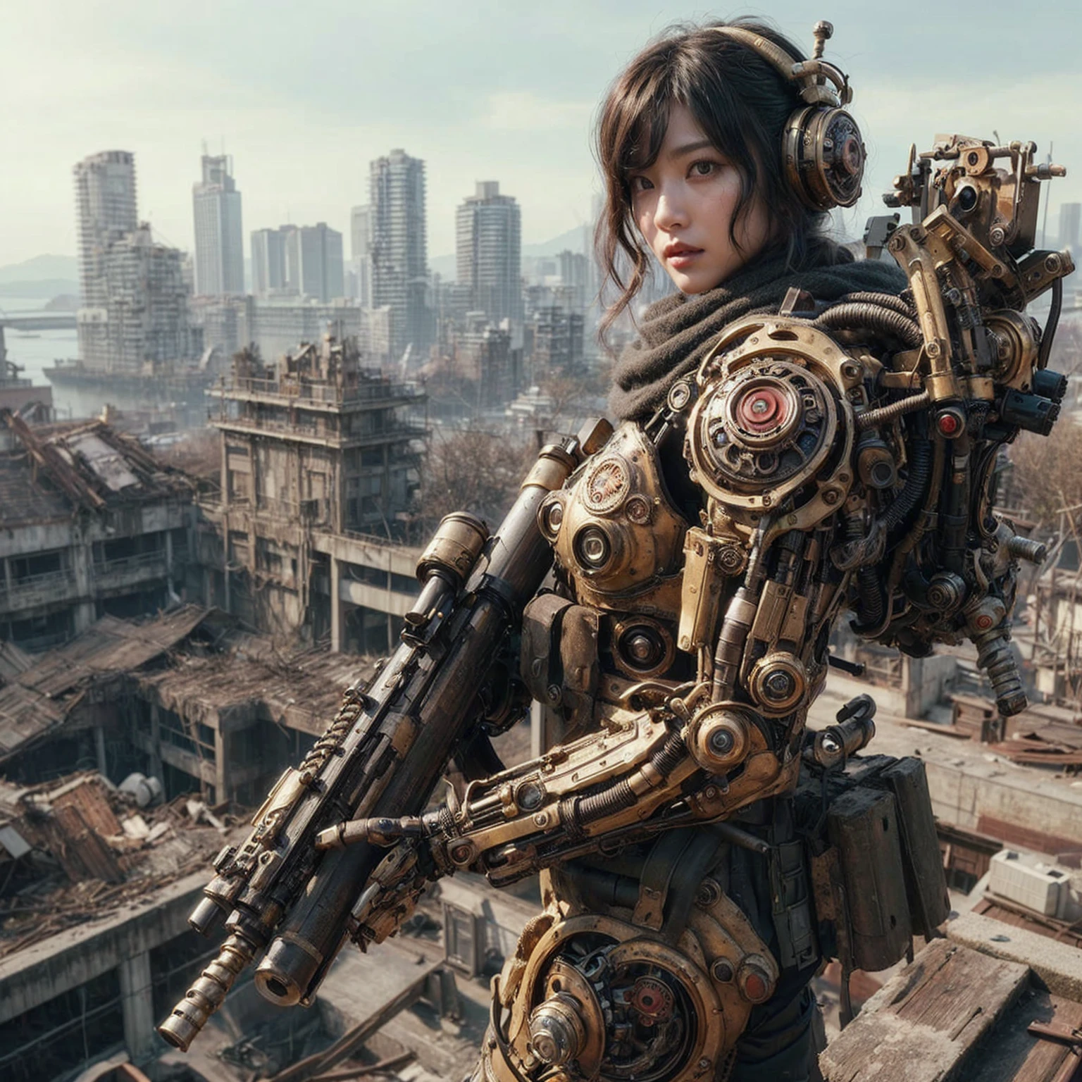 (masterpiece, best quality:1.2), (8k uhd, 16k, 32k, ultra high res), realistic photo, ultra sharp photo result, HDR10, superrealism, (The main subject: Wide-angle lens), (steampunk:1.2), beautiful japanese female, (super beautiful face), legs, Power mechanical suit), (super intricate all details), (super realistic all textures), metallic yellow color, hydraulic cylinder, Rust, scars from previous battles, (steam engine like),cinematic poses in motion, Rain, humidity, jungle