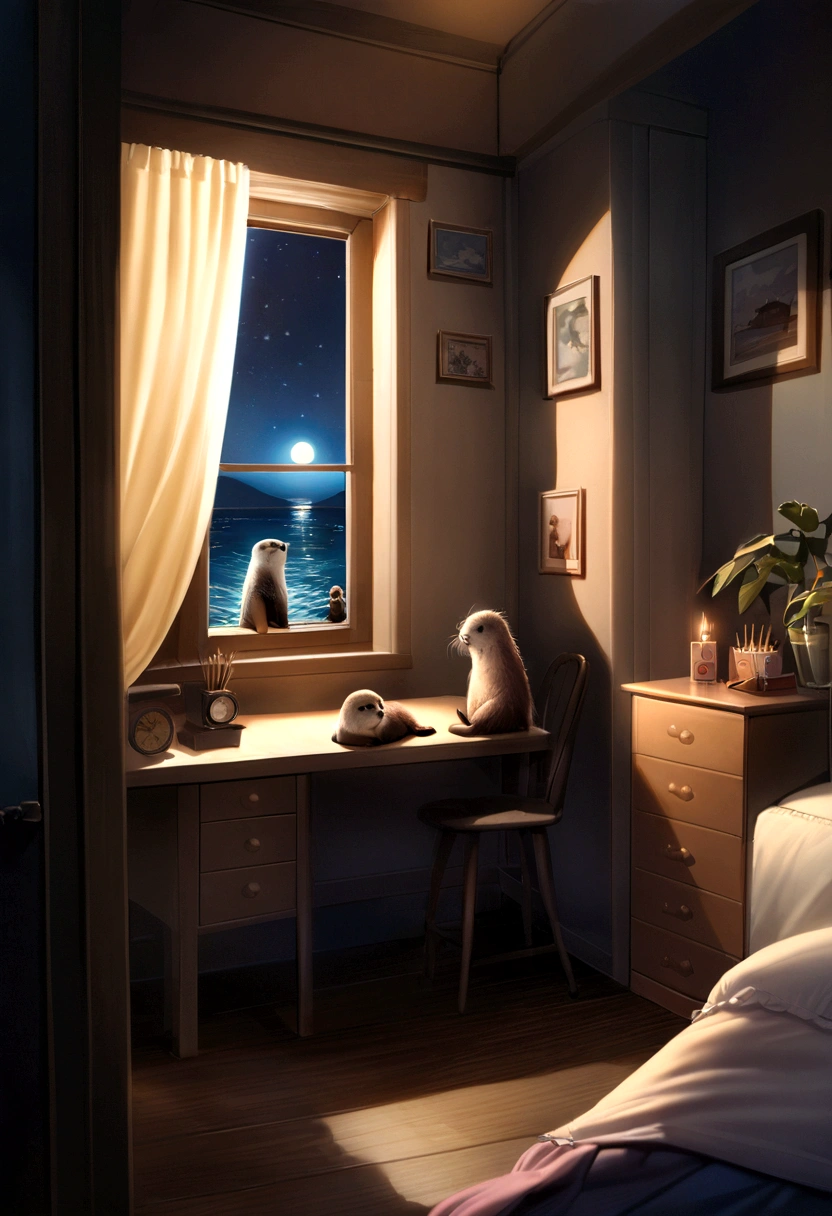 Realistic,Matchstick Men,anime big breasts,Cute little sea otter,(night,Moonlight streams in from the window of Little Sea Otter&#39;s bedroom,Illuminates a corner of the room)