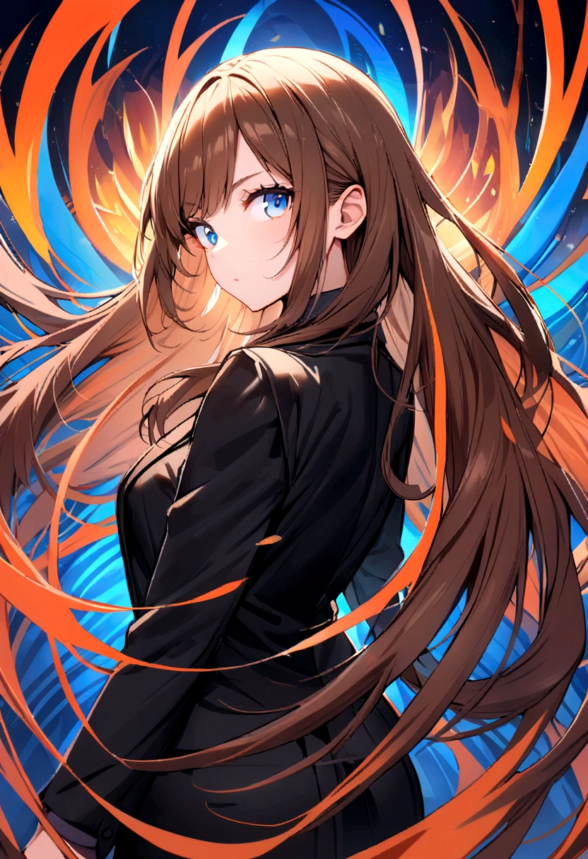 (Highest quality)(1 woman,single,long hair,brown hair,blue eyes ,Black suit shirt,Turn to look at the viewer,energetic background) look back