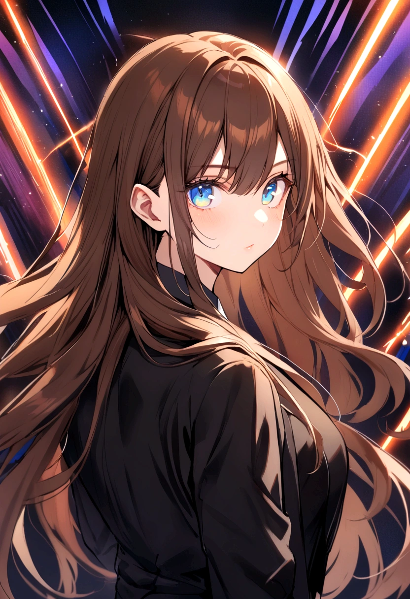 (Highest quality)(1 woman,single,long hair,brown hair,blue eyes ,Black suit shirt,Turn to look at the viewer,energetic background) look back