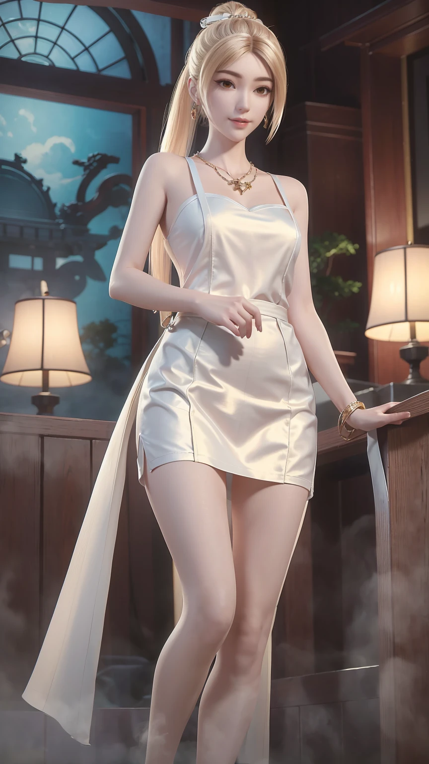 ((whole body)), ((From below)), Clear face, Pretty Face, 8K, masterpiece, original photo, best quality, detail:1.2),lifelike, Extremely detailed CG unified 8K wallpapers, Depth of Field, lamp, lens flare, Ray Tracing, (Extremely beautiful face, Beautiful lips, beautiful eyes), intricate detail face, ((ultra detailed skin)) 1 girl, in the darkness, Deep Shadows,
Beautiful Korean girl, Korean Idol,(Very slim figure:1.3), (A bright smile), (City night, (霓虹lamp), (night), Beautiful Korean girl, White Diamond Earrings, Bracelet diameter, Deya Necklace, Pantyhose, Clear eyes, Walk, Facing forward, (big eyes),Dressed in suspender pajamas,Long skirt pajamas