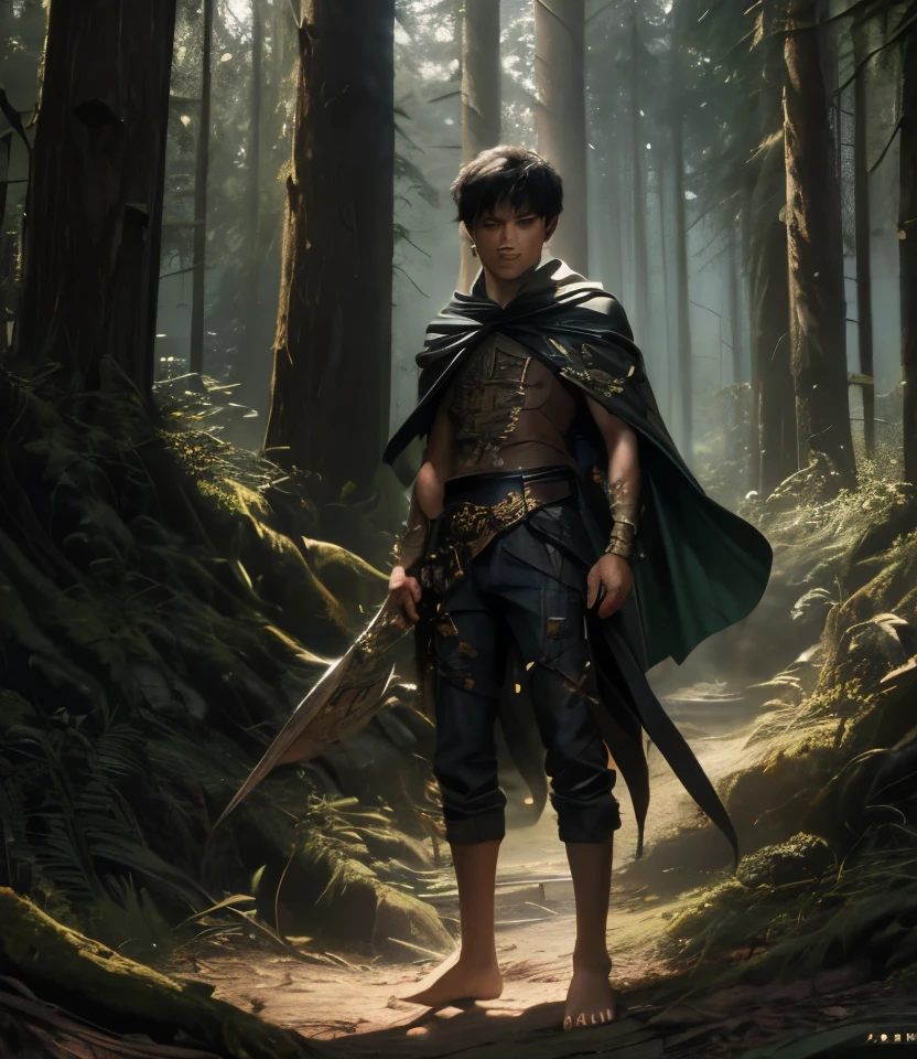 fantasy art shadow, 8K, HD, masterpiece, physical appearance boy,old green cape,black short hair,old pants jeans, sunny day, Visually delightful,barefoot,brown eyes,wild,forest background,sun day,brown skin,standing
(masterpiece:1.2), (best quality:1.2), newest, ai-generated, ultra-detailed, best shadow, detailed background, high contrast, (best illumination, an extremely delicate and beautiful), ((cinematic light)), hyper detail, dramatic light, intricate details, 8k, anime, very aesthetic, depth of field, (vibrant colors)