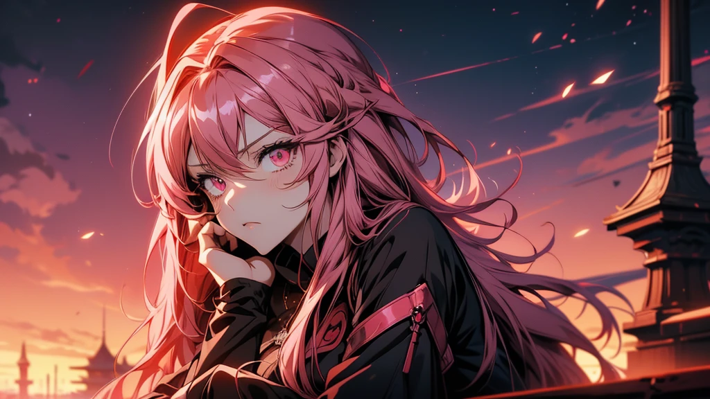 Anime girl with long pink hair touching her face with her hands, Detailed Key Anime Art, Dark brown and vermilion, From Arknights, | Anime with attention to detail, Rias Gremory, Guilty Crown, ( ( ( yoshinari yoh ) ) ), Cinematic | | Very anime-like, Ethereal Anime, Detailed anime artwork, Nightcore, anime style like fate/Stay Night