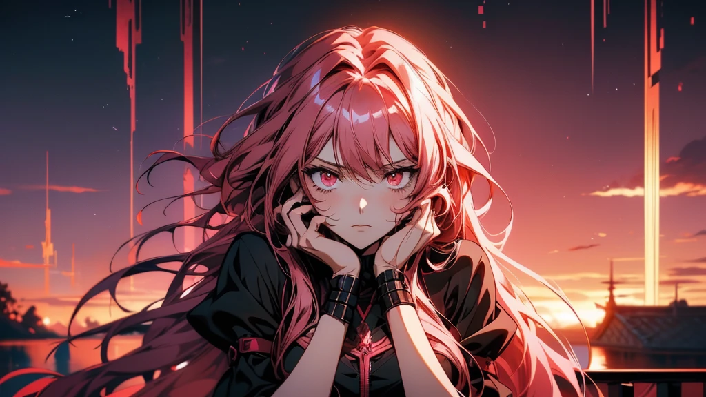 Anime girl with long pink hair touching her face with her hands, Detailed Key Anime Art, Dark brown and vermilion, From Arknights, | Anime with attention to detail, Rias Gremory, Guilty Crown, ( ( ( yoshinari yoh ) ) ), Cinematic | | Very anime-like, Ethereal Anime, Detailed anime artwork, Nightcore, anime style like fate/Stay Night