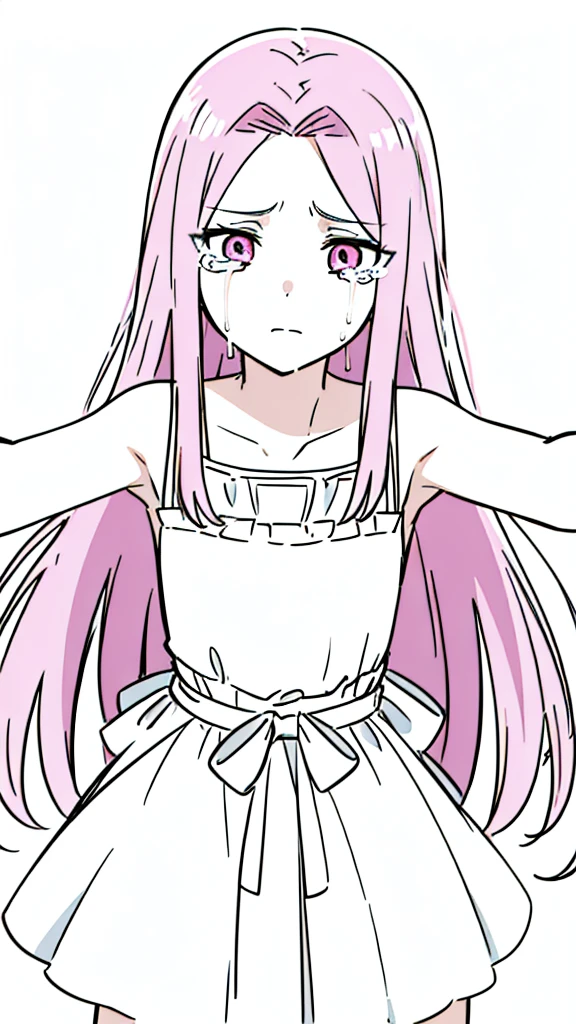(1girl,12 years old,solo),pink hair,extra long hair,(medusa hair),simple dress,sleeveless,(white background,line drawing),sad,crying,kabedon pov