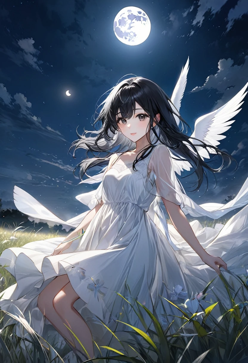 Beautiful black-haired angel and the beautiful moon、White Dress、Night Grassland