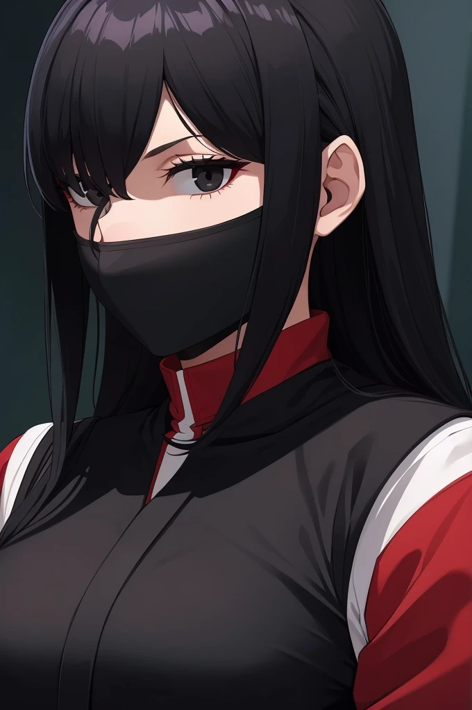 masterpiece, (solo), absurdres, portrait, ((upper body)), ((close up)), detailed background, fine detail, HDR, female, black hair, long hair, black eyes,  black and red ninja uniform, white shirt, hair over one eye, neutral expression