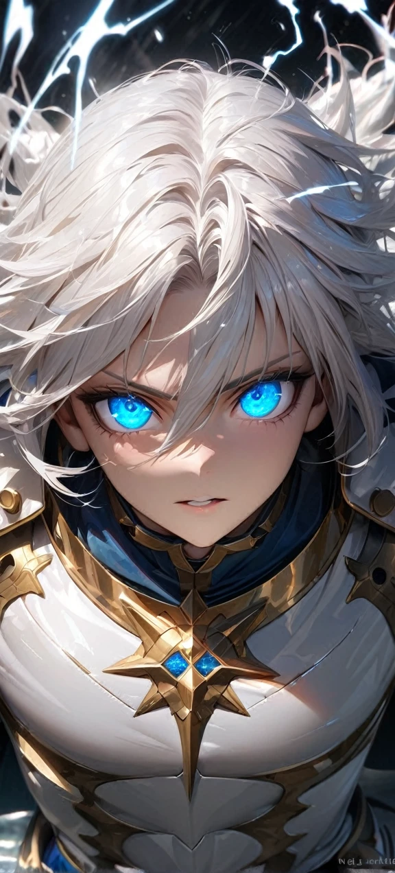 High quality, ultra realistic,absurdres, highres, ultra detailed, HDR, masterpiece, extremely detailed face and eyes, Sagitarius Seiya, Saint Saiya , White Shinning Angel white Armor, solo, white hair,man, handsome, ,white eyeleshes, blue eyes , angel expresion, white splashing effect, white lightning effect,glowing glitters , symetrical , black aura