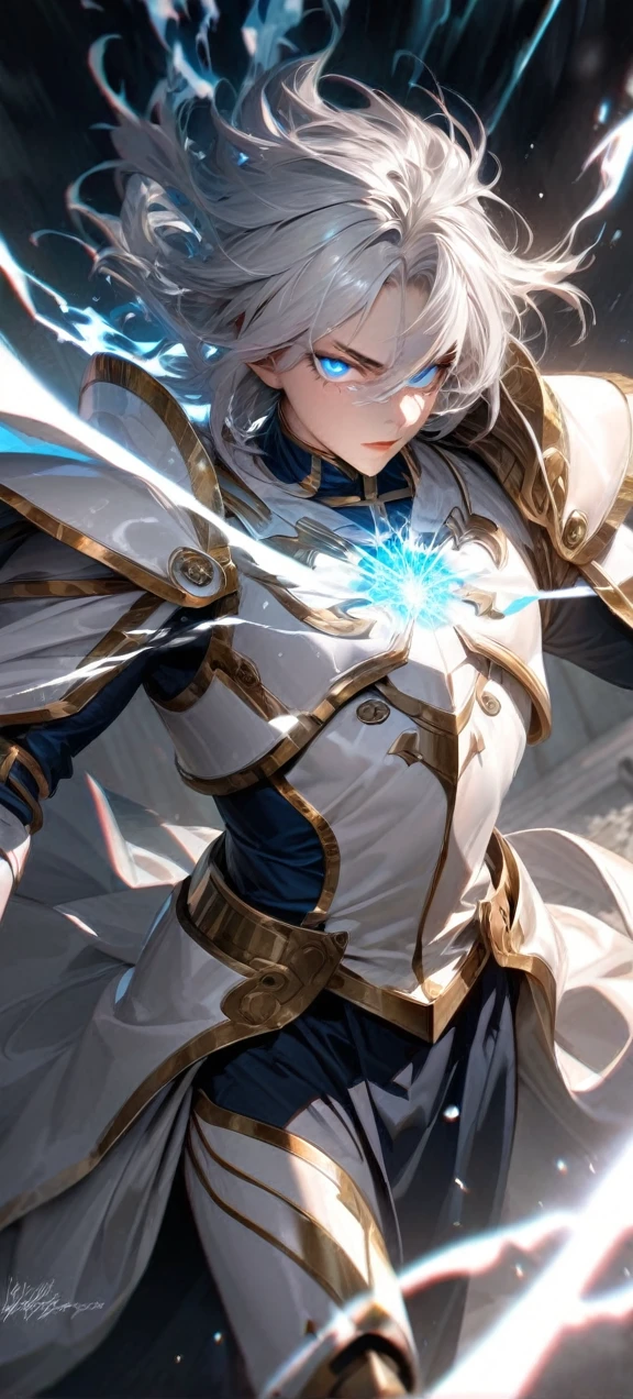  High quality, ultra realistic,absurdres, highres, ultra detailed, HDR, masterpiece, extremely detailed face and eyes,  Sagitarius Seiya, Saint Saiya , White Shinning Angel white Armor, solo, white hair,man, handsome, ,white eyeleshes, blue eyes , angel expresion, white splashing effect, white  lightning  effect,glowing glitters , symetrical , black aura