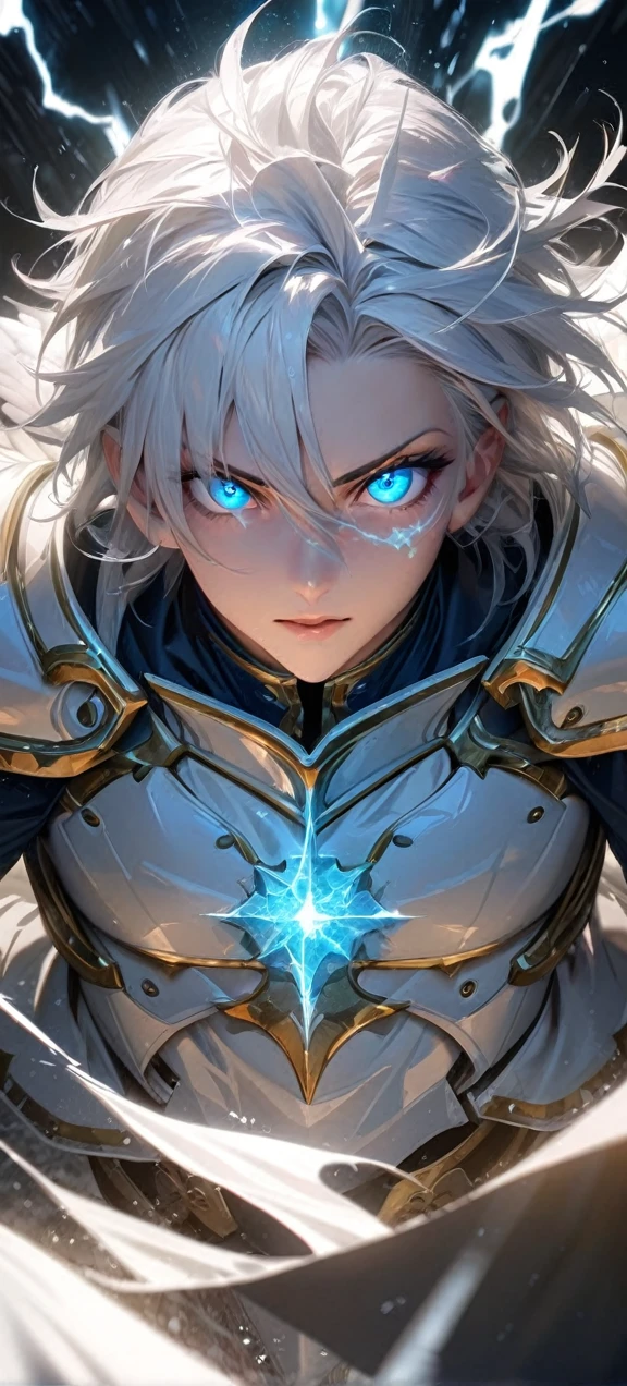  High quality, ultra realistic,absurdres, highres, ultra detailed, HDR, masterpiece, extremely detailed face and eyes,  Sagitarius Seiya, Saint Saiya , White Shinning Angel white Armor, solo, white hair,man, handsome, ,white eyeleshes, blue eyes , angel expresion, white splashing effect, white  lightning  effect,glowing glitters , symetrical , black aura