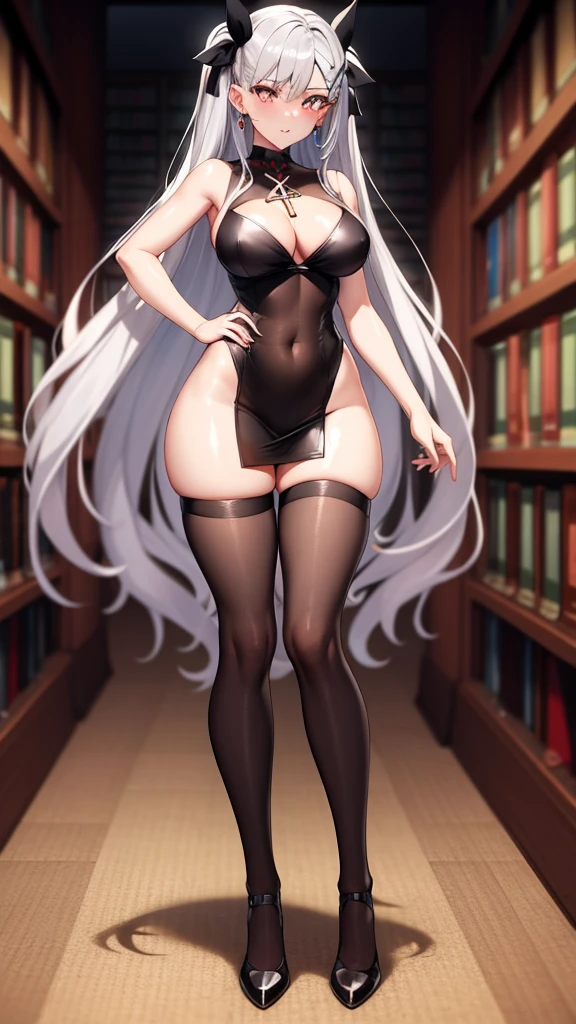 absurdly long hair, ankle length hair, silver hair, large breasts, slim waist, wide hips, (perfect body proportions), slim legs, micro skirt, rin tohsaka, rainbow eyes, (x shaped pupils), thigh high socks, standing, library, gemstone necklace