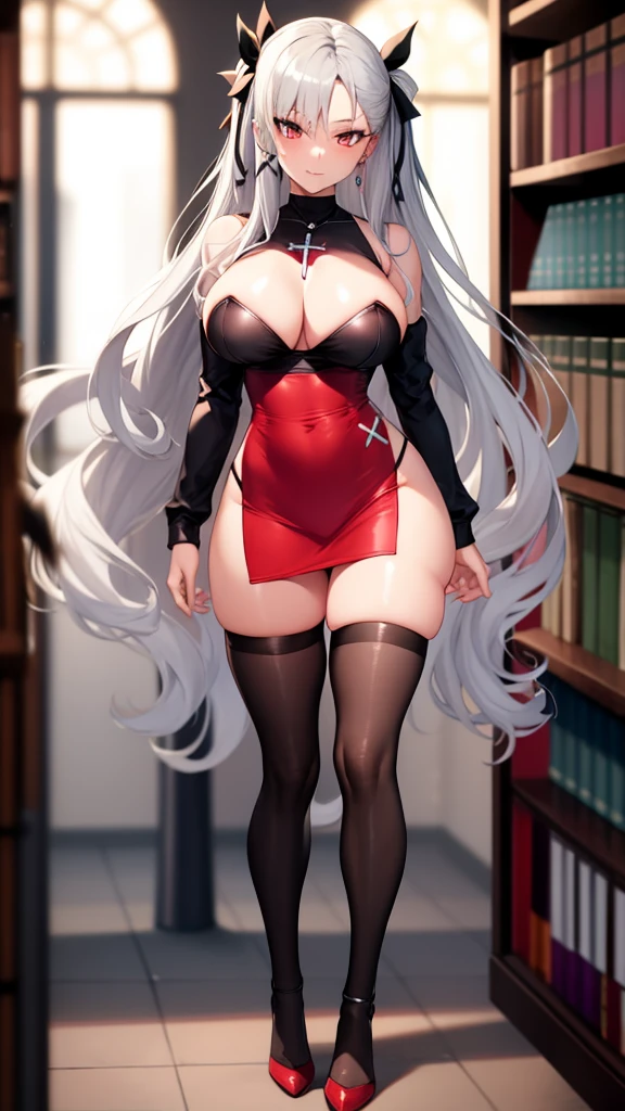 absurdly long hair, ankle length hair, silver hair, large breasts, slim waist, wide hips, (perfect body proportions), slim legs, micro skirt, rin tohsaka, rainbow eyes, (x shaped pupils), thigh high socks, standing, library, gemstone necklace