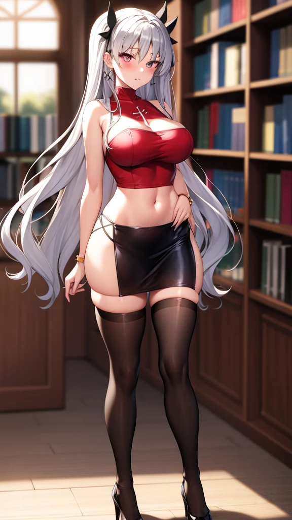 absurdly long hair, ankle length hair, silver hair, large breasts, slim waist, wide hips, (perfect body proportions), slim legs, micro skirt, rin tohsaka, rainbow eyes, (x shaped pupils), thigh high socks, standing, library, gemstone necklace