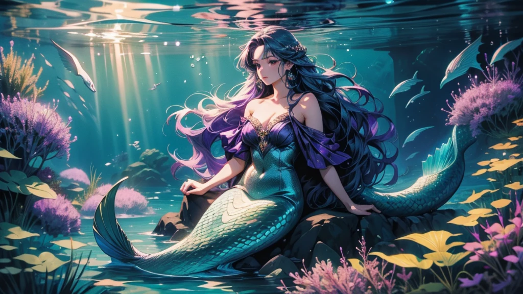 Mermaid with long hair and purple dress floating in the water, beautiful Mermaid, Mermaid, Official Fan Art, a Mermaid Sea, Water Fairy, Detailed fan art, Sea, Barbaric |, Mysterious Eel, In the sea, marin kitagawa fanart, In the abyss, Sitting on an underwater throne, Bubbling underwater landscape, clematis In the abyss sea