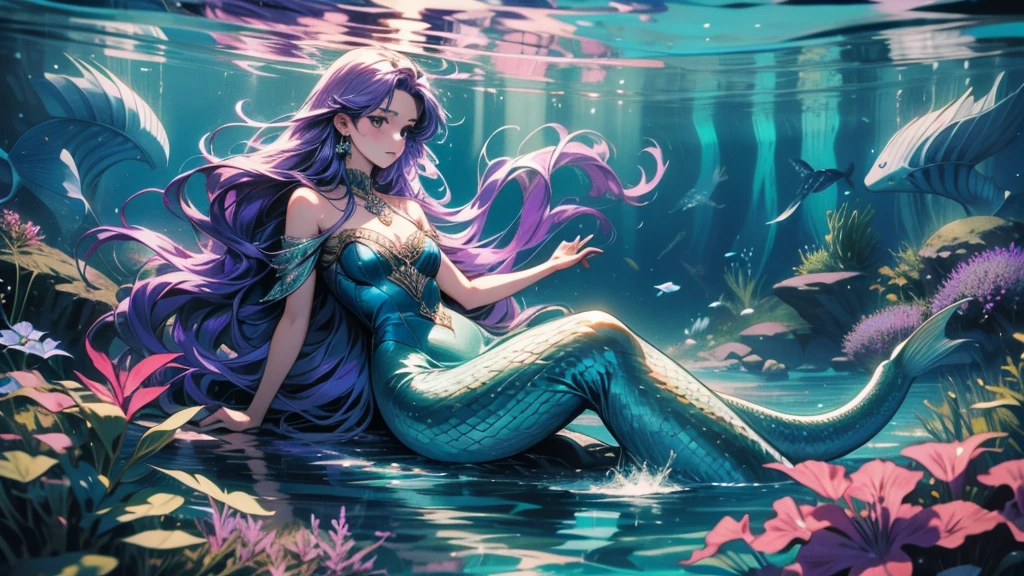 Mermaid with long hair and purple dress floating in the water, beautiful Mermaid, Mermaid, Official Fan Art, a Mermaid Sea, Water Fairy, Detailed fan art, Sea, Barbaric |, Mysterious Eel, In the sea, marin kitagawa fanart, In the abyss, Sitting on an underwater throne, Bubbling underwater landscape, clematis In the abyss sea