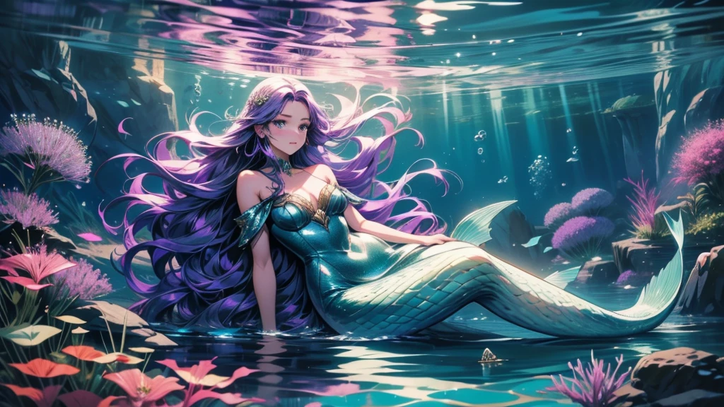 Mermaid with long hair and purple dress floating in the water, beautiful Mermaid, Mermaid, Official Fan Art, a Mermaid Sea, Water Fairy, Detailed fan art, Sea, Barbaric |, Mysterious Eel, In the sea, marin kitagawa fanart, In the abyss, Sitting on an underwater throne, Bubbling underwater landscape, clematis In the abyss sea