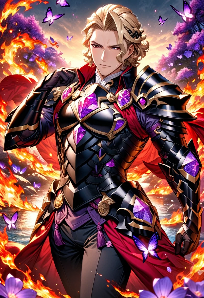 absurdres, highres, ultra detailed, HDR, master piece, best quality, Xander, blonde hair, expressive red eyes, fire emblem fates, solo, sexy man, handsome, black armor, red cape, black pants, fantasy, shining, water, purple flowers, purple blossoms, purple butterflies, purple petals