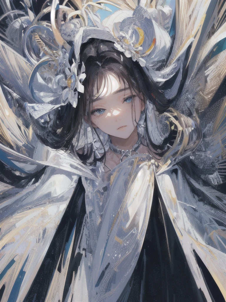 ((masterpiece, highest quality, Super detailed, High resolution)), alone, beautiful girl, shining eyes, perfect eyes, , black white gold theme,