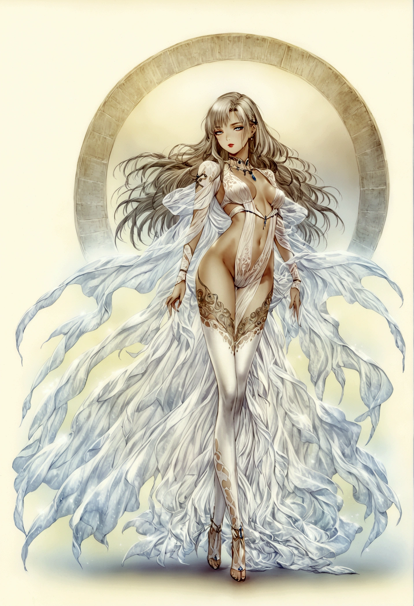 Create a hyper detailed photograph of a luis royo youthful stunningly glamorous girl, Stunningly perfect gorgeous face, perfect makeup, detailed vibrant eyes, platinum blonde dutch hair, detailed perfect smooth skin, prohibited, full body view,