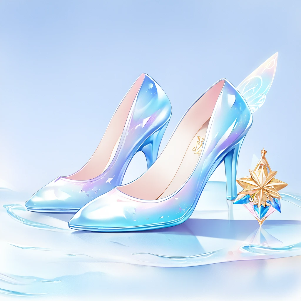 A pair of high heels，without humans，(Top resolution:1.5), (Top image quality:1.5), Close-up of a pair of shoes on a shiny surface, slightly holographic, fairy tale style background, made in adobe illustrator, Magical items, holograph, illustration!, Blue high heels, Transparent heels。The background is the seaside 