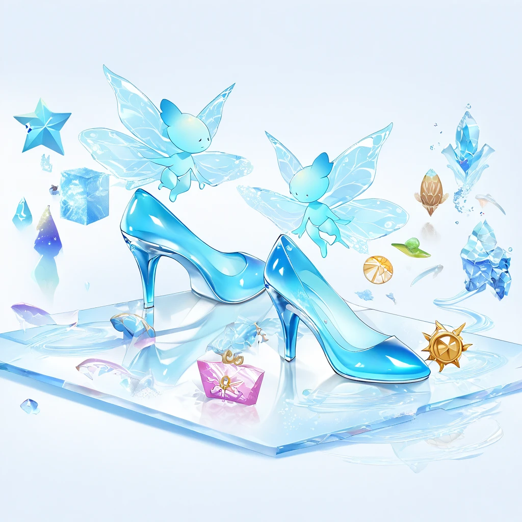 A pair of high heels，without humans，(Top resolution:1.5), (Top image quality:1.5), Close-up of a pair of shoes on a shiny surface, slightly holographic, fairy tale style background, made in adobe illustrator, Magical items, holograph, illustration!, Blue high heels, Transparent heels。The background is the seaside 