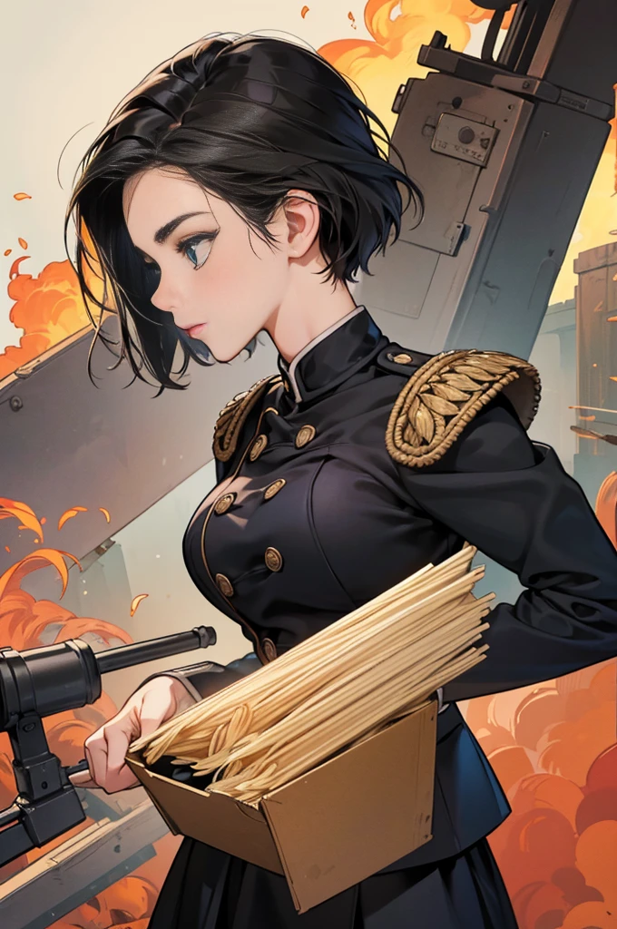 Arte Inspirada John Buscema, World War II poster, vemos uma enfermeira (1mulher)segurando uma pasta, uniforme hospitalar perfeito, short hair up to the shoulders, cor negro, olhos verdes claros, seios pequenos, corpo delgado, imponente em uma tenda hospitalar no Fronte, Cannon fire, A scene showing seriousness and conviction,peitos grandes,de baixo pra cima