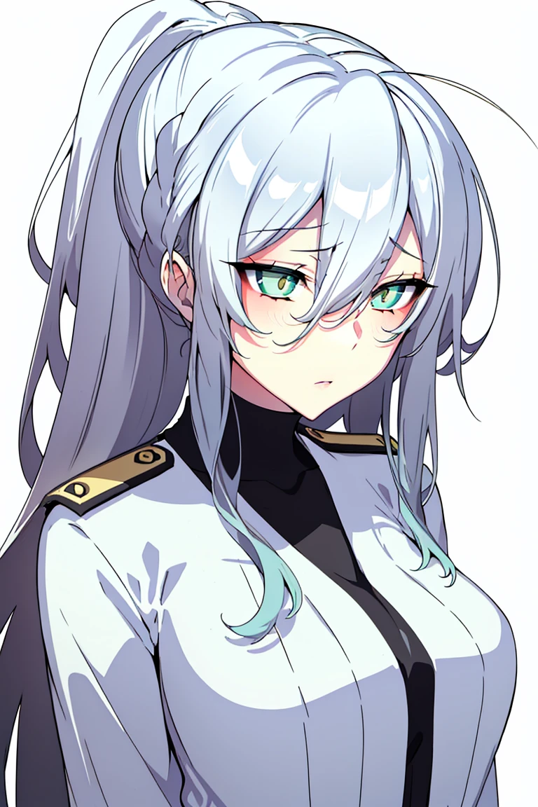 (masterpiece, best quality, ultra high quality:1.1), ((portrait)), 1girl, solo, mature with long hair, black hair, straight hair, blunt bangs, ((light yellow eyes, white pupils)), ((white pupils)), neutral, innexpressive, sad, naval uniform with red highlights, upper body, standing, hands behind back, isometric lightning, white background, simple background