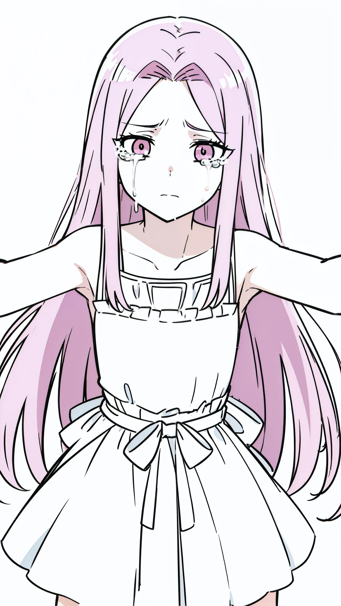 (1girl,,solo),pink hair,extra long hair,(medusa hair),simple dress,sleeveless,(white background,line drawing),sad,crying,kabedon pov