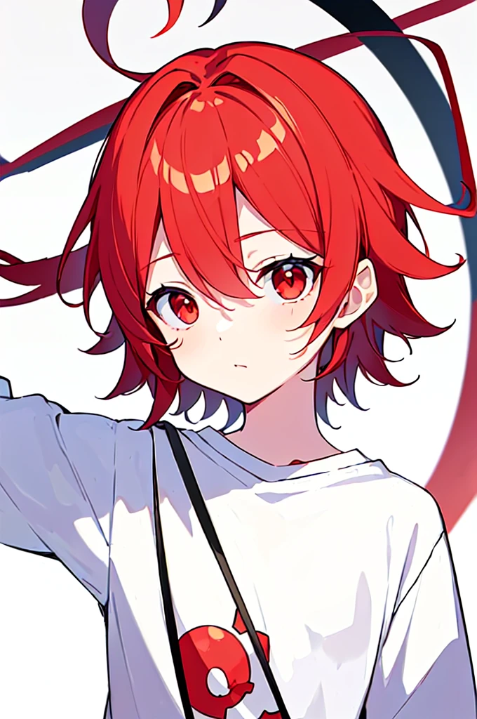 [(WHITE BACKGROUND:1.5),::5], (((masterpiece))), high quality, very_high_resolution, large_filesize, full color, Solo, (1  boy), 13 oldrt red hair), vivid color, Red eye, white shirt, upper body, anime style