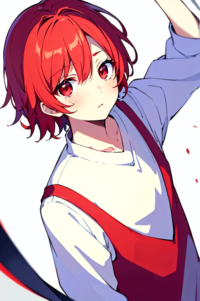[(WHITE BACKGROUND:1.5),::5], (((masterpiece))), high quality, very_high_resolution, large_filesize, full color, Solo, (1 little boy), 13 old year, (short red hair), vivid color, Red eye, white shirt, upper body, anime style