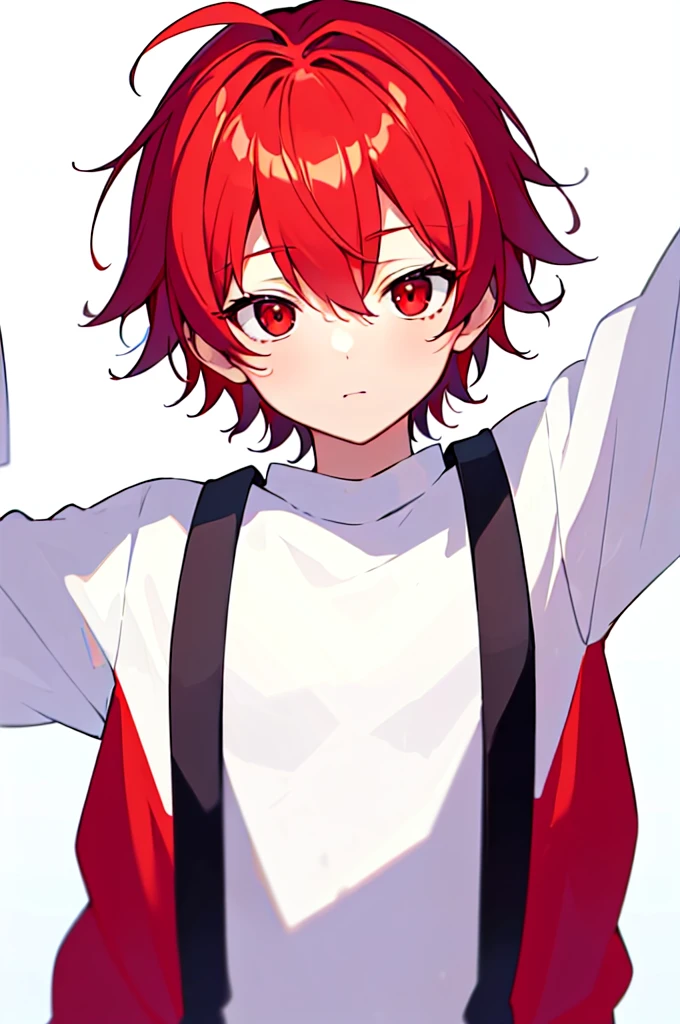 [(WHITE BACKGROUND:1.5),::5], (((masterpiece))), high quality, very_high_resolution, large_filesize, full color, Solo, (1  boy), 13 oldrt red hair), vivid color, Red eye, white shirt, upper body, anime style