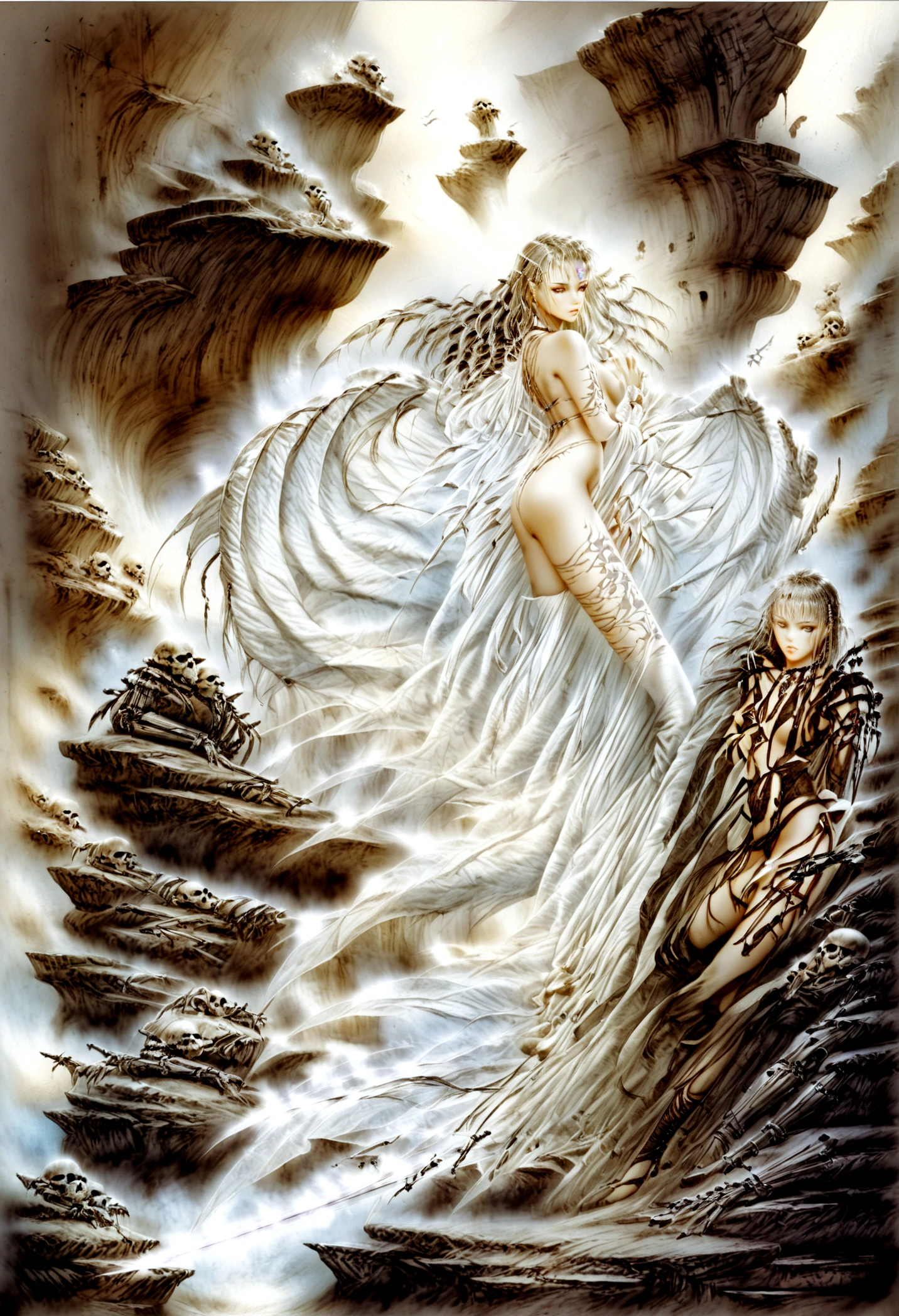 Create a hyper detailed photograph of a luis royo youthful stunningly glamorous girl, Stunningly perfect gorgeous face, perfect makeup, detailed vibrant eyes, platinum blonde dutch hair, detailed perfect smooth skin, prohibited, full body view,