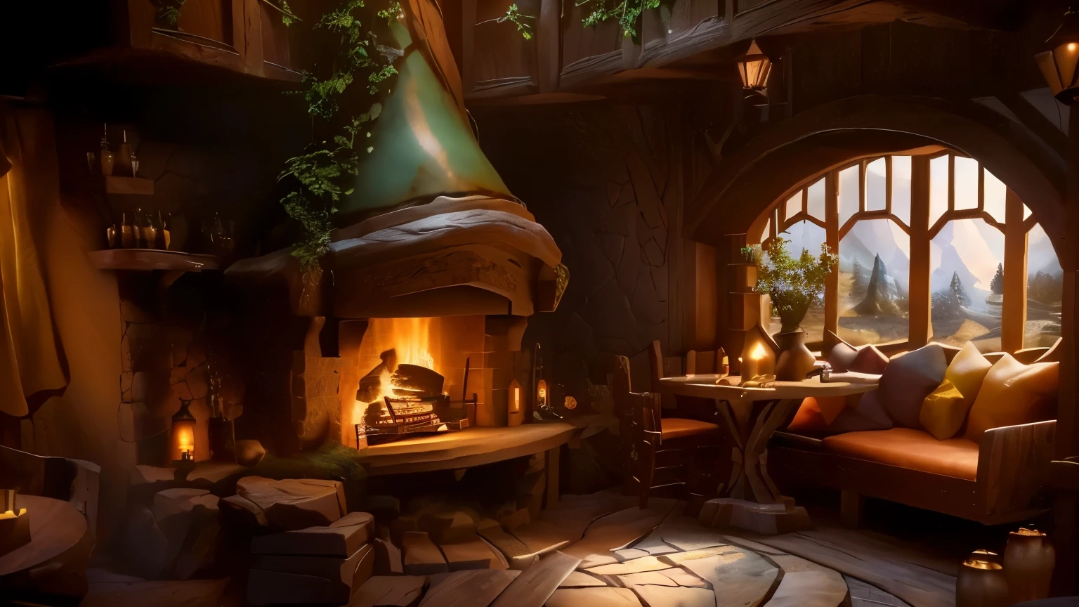 there is a fireplace in a room with lots of wood, na taverna de fantasia perto da lareira, uma taberna aconchegante multidimensional, estilo fantasia 8 k octane rendering, cena encantada aconchegante, em sua casa de hobbit, (octane rendering) estilo fantasia, lugar aconchegante, Cena estilizada em 3D, ambiente aconchegante, fundo de taverna de fantasia, interior de uma toca de hobbit, detailed textures and lighting