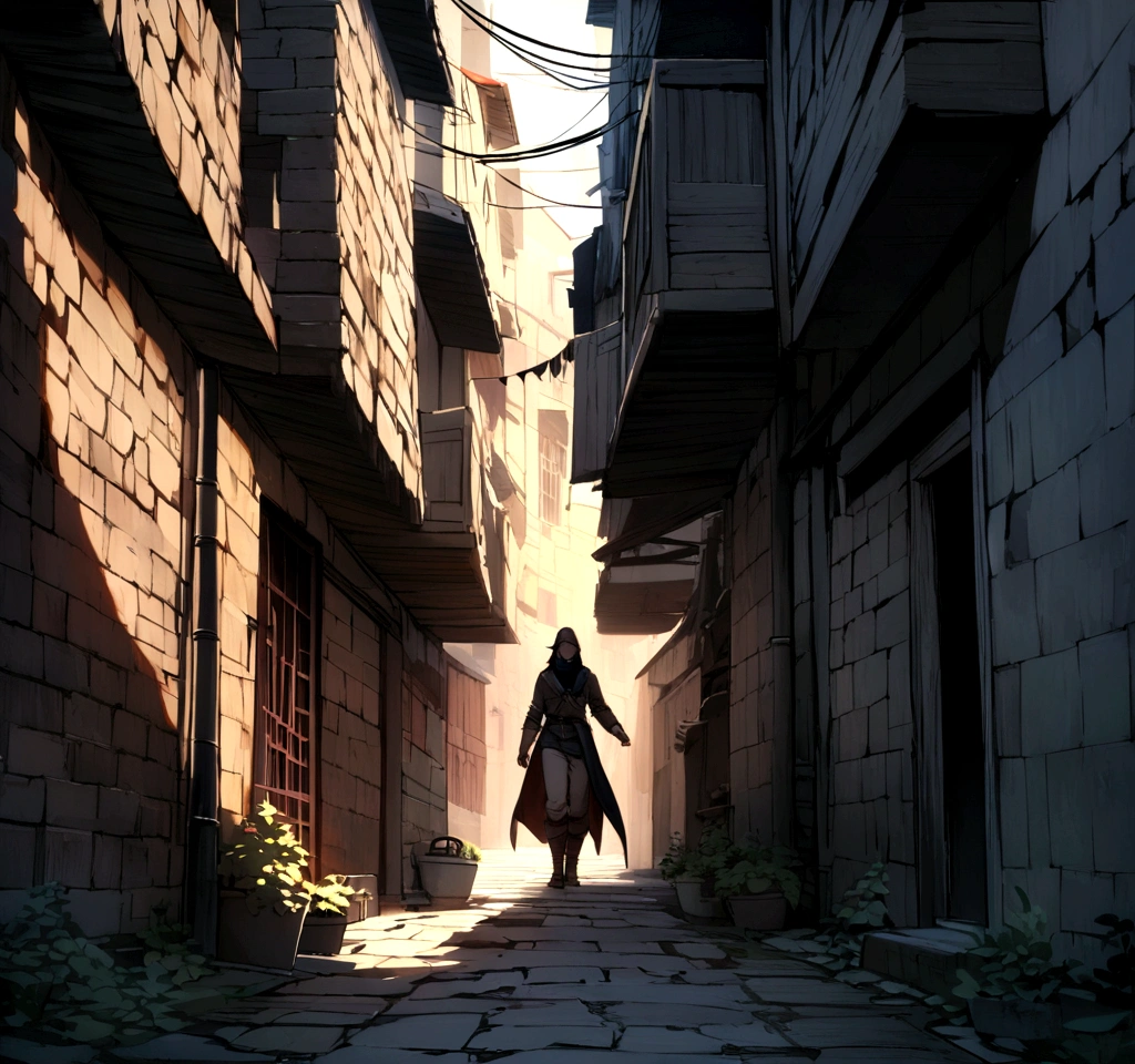 fantasy medieval background 4k 8k high quality in an alley way dark and mysterious but its still day time