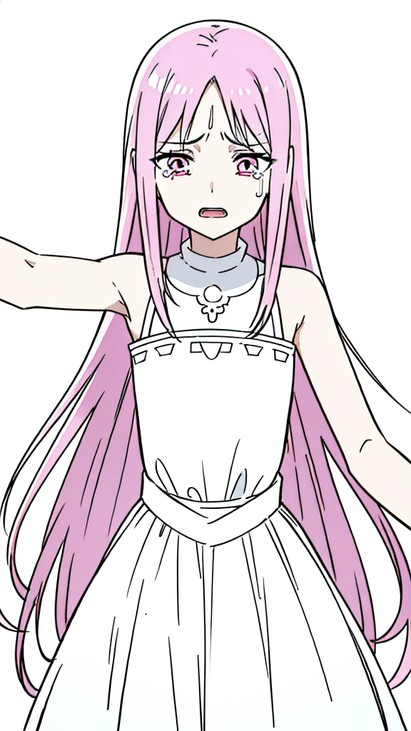 (1girl,,solo),pink hair,extra long hair,(medusa hair),simple dress,sleeveless,(white background,line drawing),sad,crying,kabedon pov,open mouth