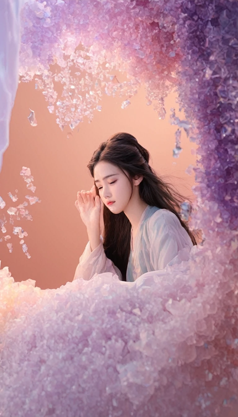 (One girl:1.3), Adult, National Peak, Hanfu, haze, View your viewers,Long hair blown by the wind,  evening, masterpiece,
analog film photo ethereal fantasy concept art of masterpiece, Dynamic Perspective, Intricate details, Wide-angle, Motion Blur Japanese,bed_teeth,,Blank Background,,fractal,Tangled,,pastel colour,,(crystallization, crystallization flower, crystallization bubbles, transparent, resin:1.4),jewelry, whole body,