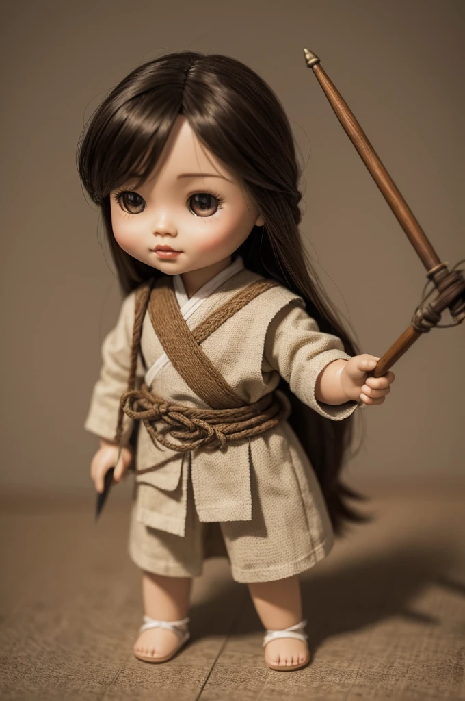 Easy doll to draw in a notebook with prehistoric features, with a spear in his hand and a cearence japan and in prehistoric clothes